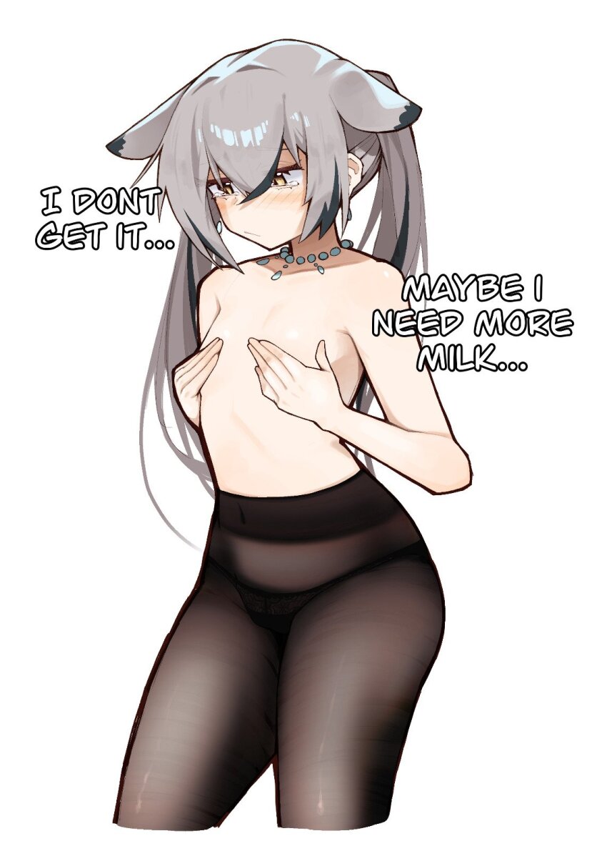 1girl animal_ears arched_back black_hair black_panties black_pantyhose black_streaks blush breast_conscious breasts cat_ears cat_girl closed_mouth collarbone commentary covering_breasts covering_privates cropped_legs cws3k double-parted_bangs earrings ears_down english_commentary english_text extra_ears eyebrows_hidden_by_hair frown furrowed_brow go!_go!_gris! grey_hair hair_between_eyes hair_intakes half-closed_eyes hands_on_own_chest high-waist_pantyhose highres jealous jewelry lace lace_panties long_eyelashes long_hair looking_down multicolored_hair narrowed_eyes navel necklace panties panties_under_pantyhose pantyhose parted_hair pearl_earrings pearl_necklace raised_eyebrows raised_inner_eyebrows sad see-through_pantyhose sheer_pantyhose sidelocks simple_background slit_pupils small_breasts solo standing stomach streaked_hair tearing_up thick_eyelashes thick_thighs thighs topless_female twintails two-tone_hair underwear very_long_hair viska_(go!_go!_gris!) w_arms white_background wide_hips yellow_eyes