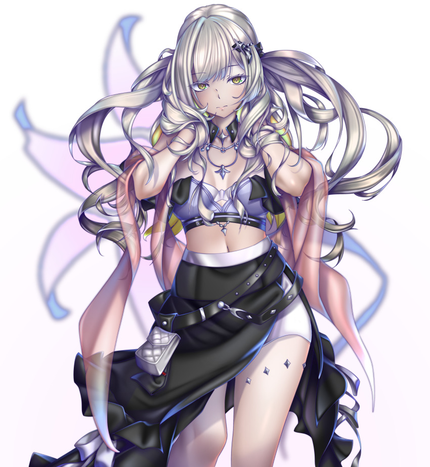 1girl absurdres bare_shoulders belt black_skirt bra bracelet breasts cleavage crop_top earrings fate/grand_order fate_(series) gradient_hair grey_hair hair_ornament hairclip highres jewelry kachihokori_satake long_hair long_skirt looking_at_viewer marie_antoinette_(fate) marie_antoinette_alter_(exhibition_attire)_(fate) marie_antoinette_alter_(fate) medium_breasts midriff multicolored_hair navel necklace sash sidelocks skirt solo thighs two_side_up underwear white_bra white_hair yellow_eyes
