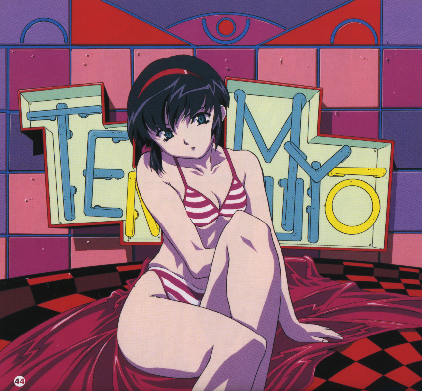 1990s_(style) 1girl absurdres bikini black_hair breasts cleavage copyright_name feet_out_of_frame female_focus green_eyes hair_ornament hairband highres huge_filesize knee_up kumashiro_sakuya looking_at_viewer official_art page_number parted_lips red_hairband red_headwear retro_artstyle scan scan_artifacts shin_tenchi_muyou! short_hair sidelocks sitting small_breasts solo striped_bikini striped_clothes swimsuit tenchi_muyou!