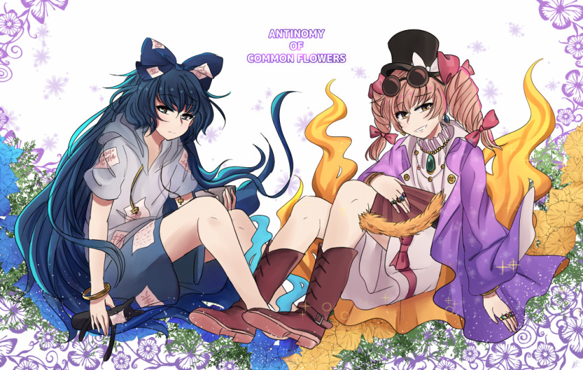 2girls antinomy_of_common_flowers aura bangle bare_legs barefoot blue_bow blue_eyes blue_hair blue_skirt boots bow bowl bracelet brown_footwear coat commentary_request damaged debt dress drill_hair earrings eyewear_on_head floral_print flower folding_fan fur_trim gold grey_hoodie hair_bow hand_fan hat hat_bow high_collar holding holding_fan hood hoodie jacket jewelry khylimei light_brown_hair long_hair long_sleeves mini_hat mini_top_hat miniskirt multiple_girls necklace orange_eyes pendant purple_coat purple_jacket ribbon ring round_eyewear siblings sisters sitting skirt stuffed_animal stuffed_cat stuffed_toy sunglasses top_hat touhou twin_drills very_long_hair white_dress white_flower wide_sleeves yorigami_jo&#039;on yorigami_shion