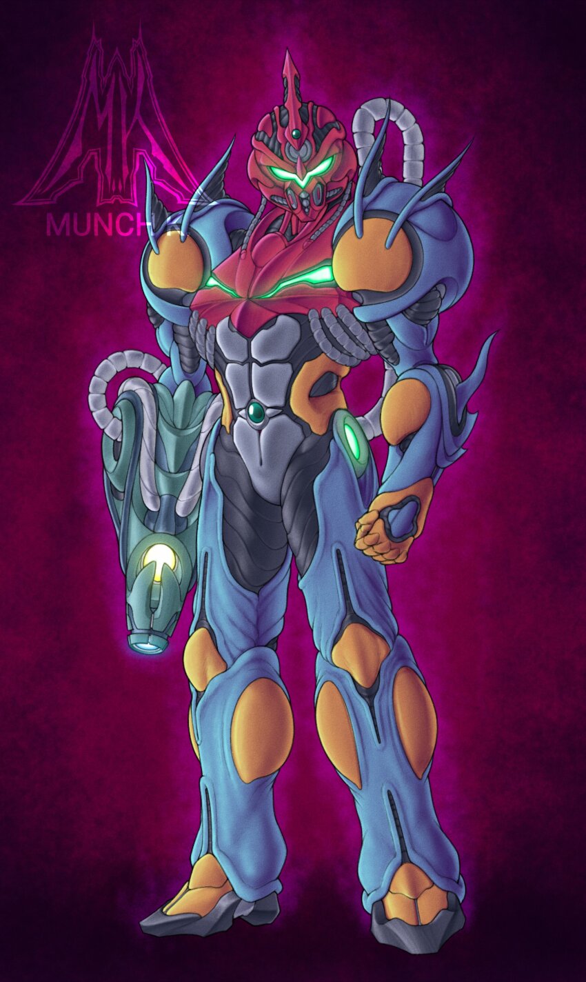 1girl absurdres arm_cannon armor artist_logo artist_name biomechanical blue_armor blue_light clenched_hand commentary crossover english_commentary facing_viewer full_body fusion gem green_gemstone green_light green_visor guyver_i highres horns hose kyoushoku_soukou_guyver logo mechanical_horns metroid multicolored_armor munch_k nintendo pauldrons power_armor power_suit power_suit_(metroid) purple_background red_armor samus_aran science_fiction shoulder_armor single_horn solo visor_(armor) weapon yellow_armor yellow_light