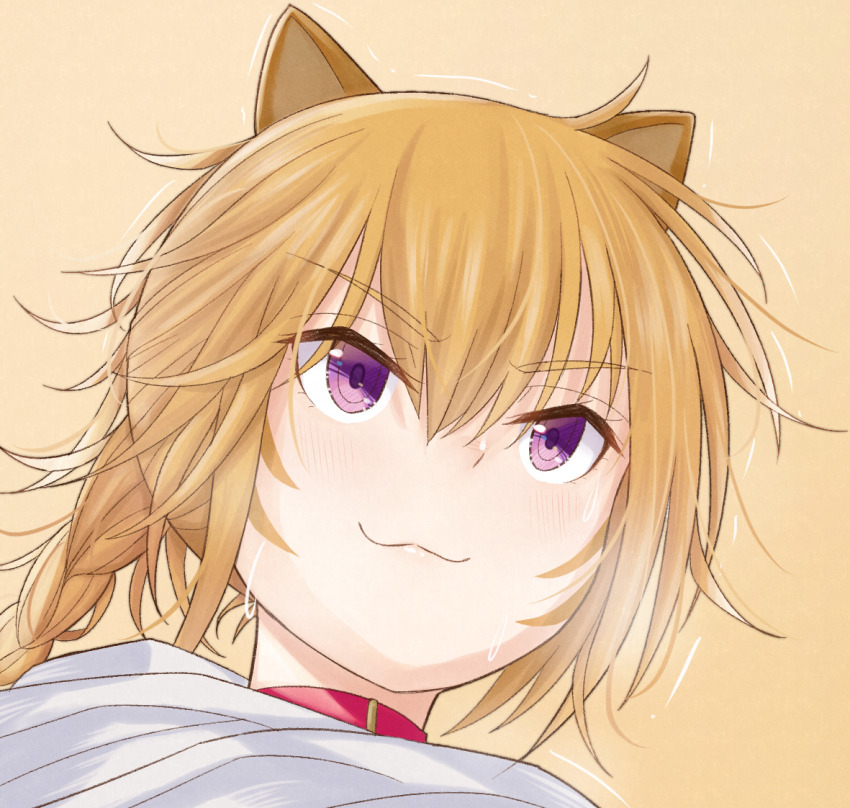 1girl :3 animal_ears atorie braid cat_ears cat_girl choker commission commissioner_upload facepaint facial_mark fire_emblem fire_emblem:_radiant_dawn laguz_(fire_emblem) lyre_(fire_emblem) messy_hair nintendo orange_hair pink_choker pixiv_commission purple_eyes shaking solo sweat whisker_markings