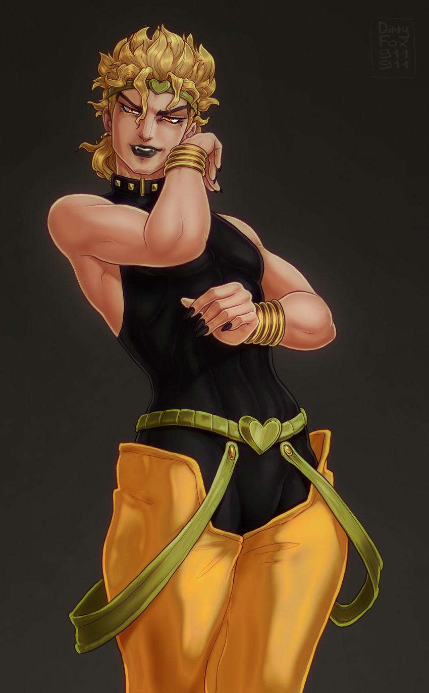 1boy alternate_body_size alternate_muscle_size black_leotard black_lips black_nails blonde_hair bracelet dio_brando dirtyfox911911 fangs headband highres jewelry jojo_no_kimyou_na_bouken leotard long_hair male_focus pants red_eyes solo stardust_crusaders twinkle yellow_pants