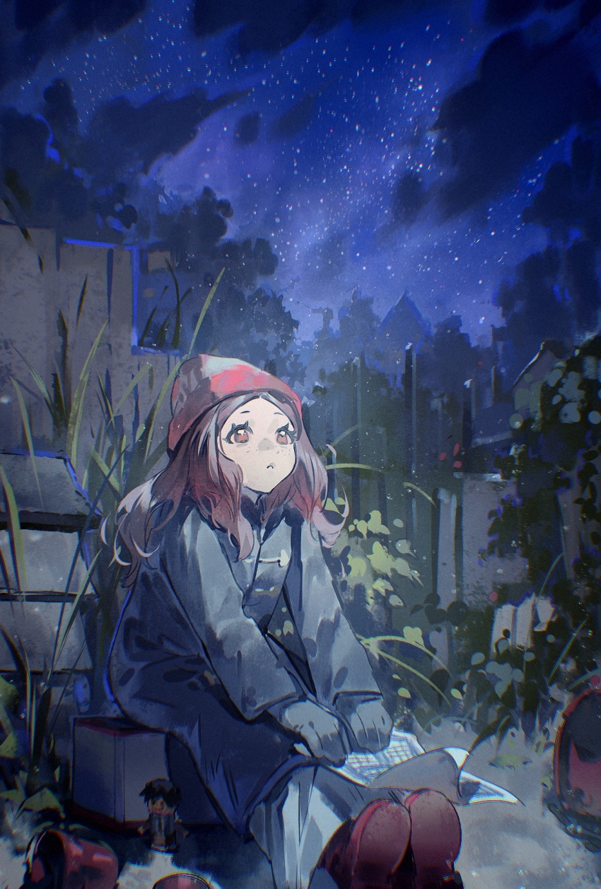1girl amy_pond beanie black_coat black_gloves boots brown_eyes brown_hair character_doll closed_mouth cloud coat doctor_who drawing_(object) freckles frown garden gate gloves hat highres holding holding_drawing in-universe_location long_hair long_sleeves night night_sky on_suitcase outdoors parted_bangs plant pudding49500 red_boots red_hat scenery sitting sky solo suitcase tardis waiting