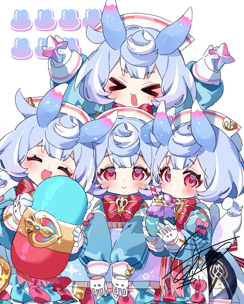 &gt;_&lt; 4girls :d ^_^ absurdres animal_ears apron aqua_bow aqua_shirt arms_up artist_name black_shorts blue_hair blush bow bowtie brooch closed_eyes closed_mouth commentary_request crossed_bangs cup drinking_straw eyelashes genshin_impact gloves gradient_hair hair_ornament hands_up hat highres holding holding_cup holding_pill jewelry long_sleeves looking_at_viewer low_twintails meda_cha medium_hair milkshake multicolored_hair multiple_girls multiple_persona nurse_cap open_mouth pill pink_bow pom_pom_(clothes) pom_pom_hair_ornament primogem puffy_long_sleeves puffy_shorts puffy_sleeves purple_hair red_bow red_bowtie red_eyes red_ribbon ribbon shirt shorts sigewinne_(genshin_impact) signature simple_background smile star_(symbol) tail twintails white_apron white_background white_gloves white_hat