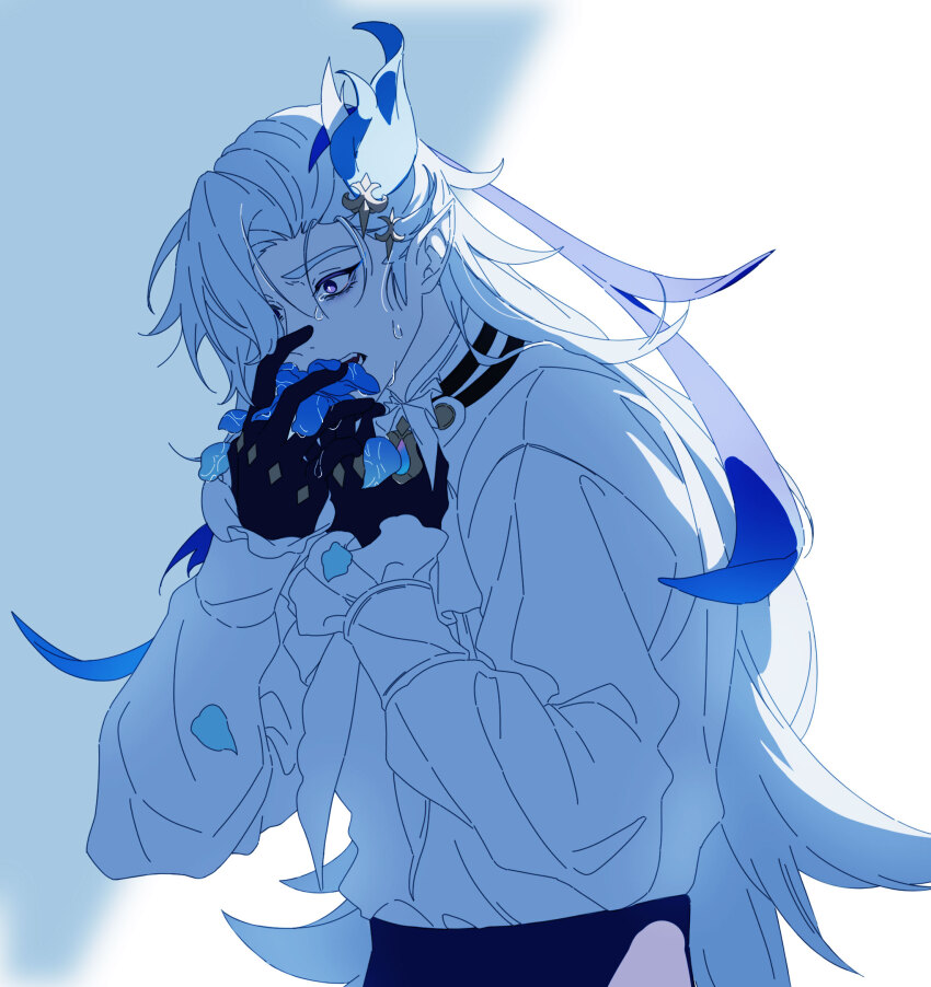 1boy ascot black_gloves blue_flower blue_hair blue_rose brooch coughing_flowers fang feather_hair_ornament feathers flower frilled_skirt frills genshin_impact gloves hair_ornament hair_over_one_eye hand_on_own_chest highres holding holding_petal id_mendoi jewelry long_hair long_sleeves male_focus multicolored_hair neuvillette_(genshin_impact) open_mouth petals pointy_ears purple_eyes rose rose_petals saliva shade shirt_tucked_in side_part simple_background skirt solo streaked_hair sweat tearing_up tears upper_body white_ascot white_background white_hair wide-eyed