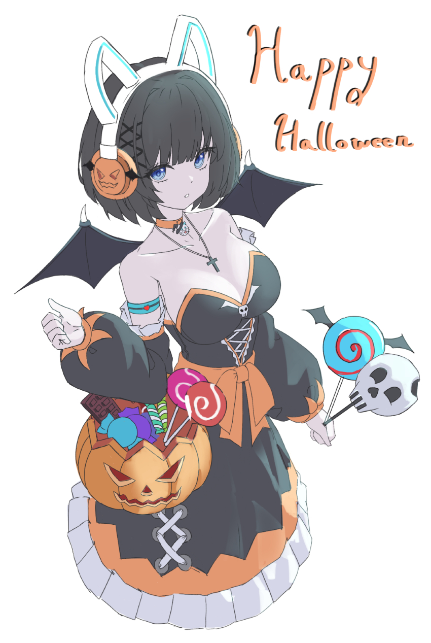 1girl arm_strap bare_shoulders belt_ribbon black_dress black_hair blue_eyes breasts candy check_copyright choker cleavage collarbone copyright_request cross cross_necklace detached_sleeves dress fake_horns food frilled_dress frills halloween_bucket happy_halloween headphones highres holding horns jewelry large_breasts lollipop long_sleeves looking_at_viewer mini_wings necklace nokde orange_choker original parted_lips puffy_long_sleeves puffy_sleeves short_hair simple_background solo strapless strapless_dress swirl_lollipop white_background wings