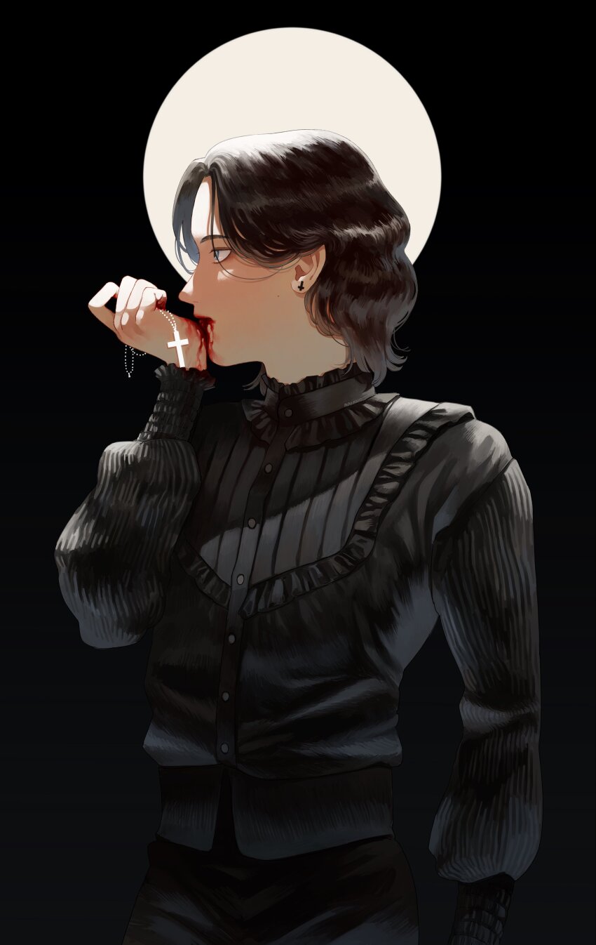 1boy absurdres bead_necklace beads black_background black_hair blood blood_from_mouth blood_on_hands blue_eyes commentary cross cross_necklace full_moon highres holding holding_jewelry holding_necklace inverted_cross_earrings jewelry male_focus mole moon nakano_kaworu necklace original profile solo symbol-only_commentary upper_body vampire wavy_hair