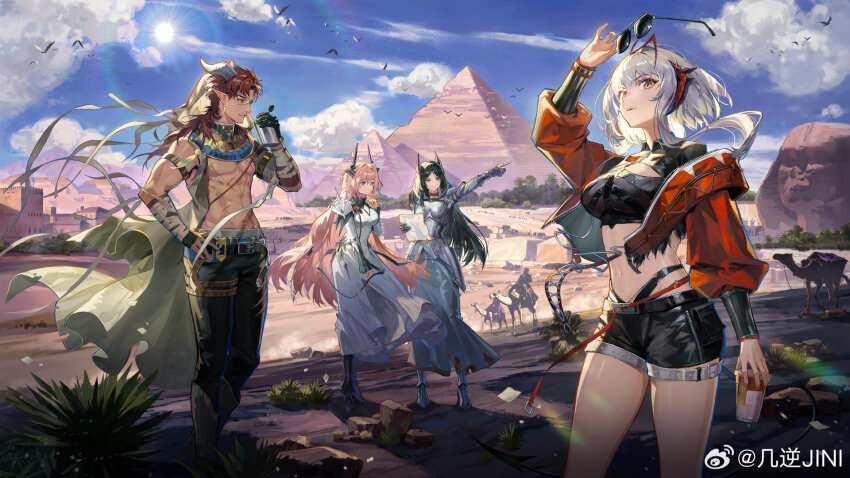 1boy 3girls abs arknights arm_up bandaged_arm bandages black_footwear black_hair black_pants black_shirt black_shorts blonde_hair blue_sky breasts building chinese_commentary cloud cloudy_sky cropped_shirt cup day desert disposable_cup dress eyepatch gauntlets grass grey_vest hand_on_own_hip hand_up highres hoederer_(arknights) holding holding_canteen holding_cup holding_map holding_removed_eyewear horns ines_(arknights) jacket jini_jini large_breasts lens_flare long_dress long_hair map multiple_girls navel orange_eyes outdoors pants parted_lips pectorals pointing pointing_forward pointy_ears pyramid_(structure) red_hair red_jacket rock scenery shirt short_hair short_shorts shorts sky sphinx_of_giza standing sun sunglasses theresa_(arknights) unworn_eyewear usekh_collar very_long_hair vest w_(arknights) watermark weibo_watermark white_dress white_hair