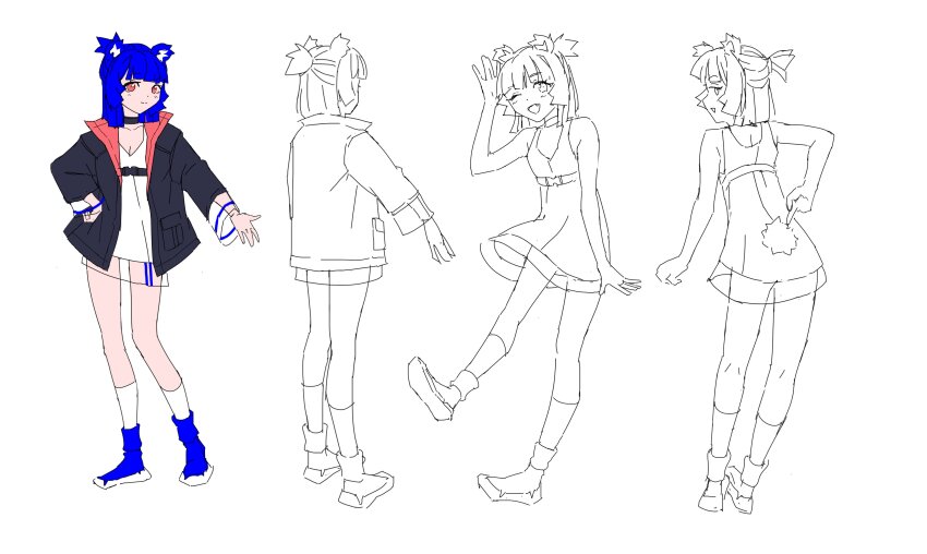 1girl :d absurdres animal_ears arm_at_side arm_behind_back arm_up back bear_ears bear_girl bear_tail belt black_belt black_choker black_coat blue_hair blue_shoes blunt_bangs blunt_ends blunt_sidelocks breasts buckle chest_belt choker cleavage coat collarbone collared_coat commentary contrapposto curled_fingers dress english_commentary fang foot_up from_behind go!_go!_gris! greyscale grin gris_(go!_go!_gris!) half-closed_eyes half_updo hand_on_own_hip highres invisible_floor kneehighs leaning_forward light_blush light_smile lineart long_eyelashes long_sleeves looking_at_viewer looking_back medium_hair monochrome multiple_views narrowed_eyes naughty_face one_eye_closed open_clothes open_coat open_hand open_mouth original outstretched_arm pink_coat pink_eyes pointing pointing_at_self ponytail profile raised_eyebrows reference_sheet see-through_clothes see-through_skirt see-through_sleeves shoes short_dress short_ponytail short_tail sidelocks sideways_mouth simple_background sketch skirt slip-on_shoes small_breasts smile snap-fit_buckle socks split_mouth standing standing_on_one_leg straight-on tail thick_eyelashes thighs turnaround two-sided_coat two-sided_fabric underbust vertigris waving white_background white_dress white_socks ||/