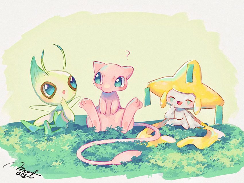 :d ? ^_^ bad_id bad_pixiv_id blue_eyes celebi closed_eyes creature full_body gen_1_pokemon gen_2_pokemon gen_3_pokemon grass hanenbo highres jirachi legendary_pokemon mew_(pokemon) mythical_pokemon nintendo no_humans open_mouth pokemon pokemon_(creature) signature sitting smile