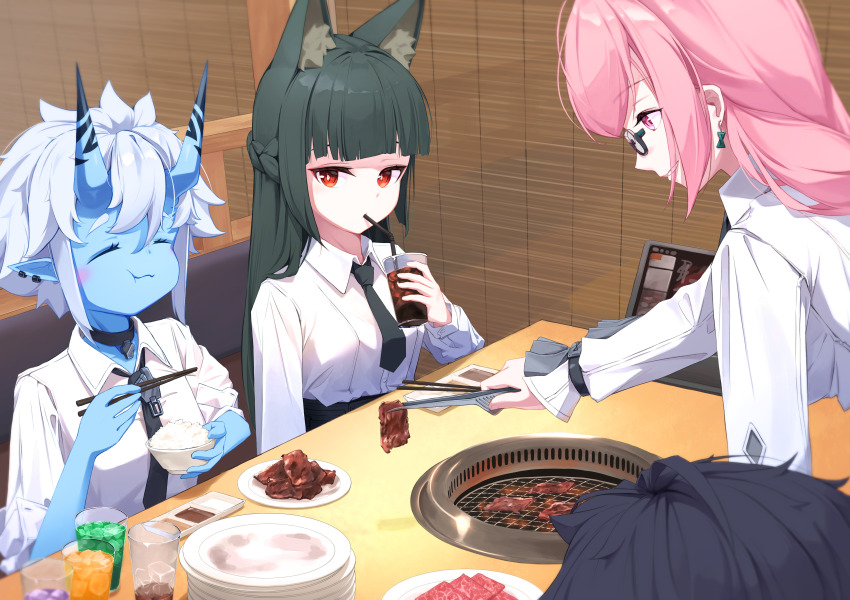 1boy 3girls absurdres animal_ear_fluff animal_ears asaba_harumasa black_hair black_necktie blue_skin blunt_bangs closed_eyes closed_mouth colored_skin dress_shirt drink drinking earrings eating fox_ears fox_girl glasses highres hoshimi_miyabi jewelry long_hair looking_at_another multiple_girls necktie oni out_of_frame parted_lips pink_hair red_eyes shirt sidelocks smile soukaku_(zenless_zone_zero) to9643 tsukishiro_yanagi white_shirt zenless_zone_zero