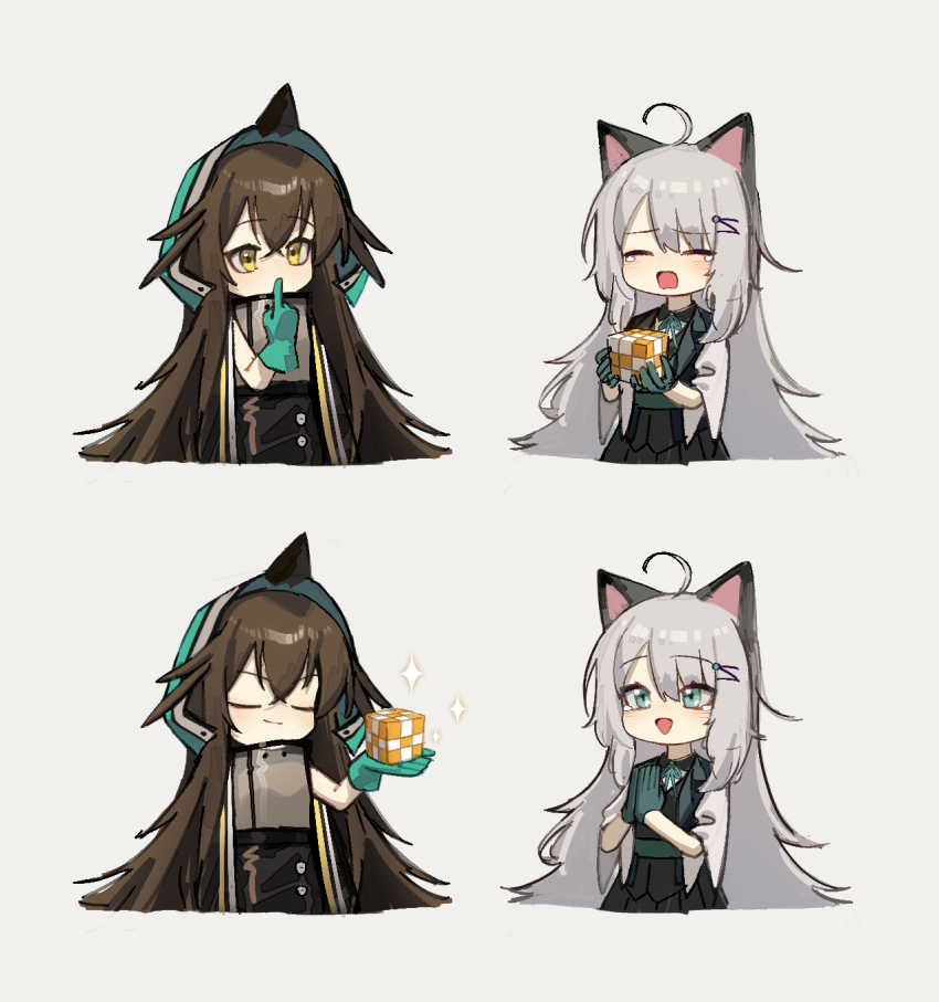 2girls ahoge animal_ears arknights black_hair blush brown_hair cat_ears cat_girl chibi closed_eyes closed_mouth grey_background grey_hair hair_between_eyes hair_ornament hairclip highres holding hood hood_up index_finger_raised kafka_(arknights) long_hair mint_(arknights) mint_(private_study)_(arknights) multicolored_hair multiple_girls multiple_views open_mouth own_hands_together rubik&#039;s_cube simple_background sleeveless sparkle tears very_long_hair yellow_eyes yoon_cook