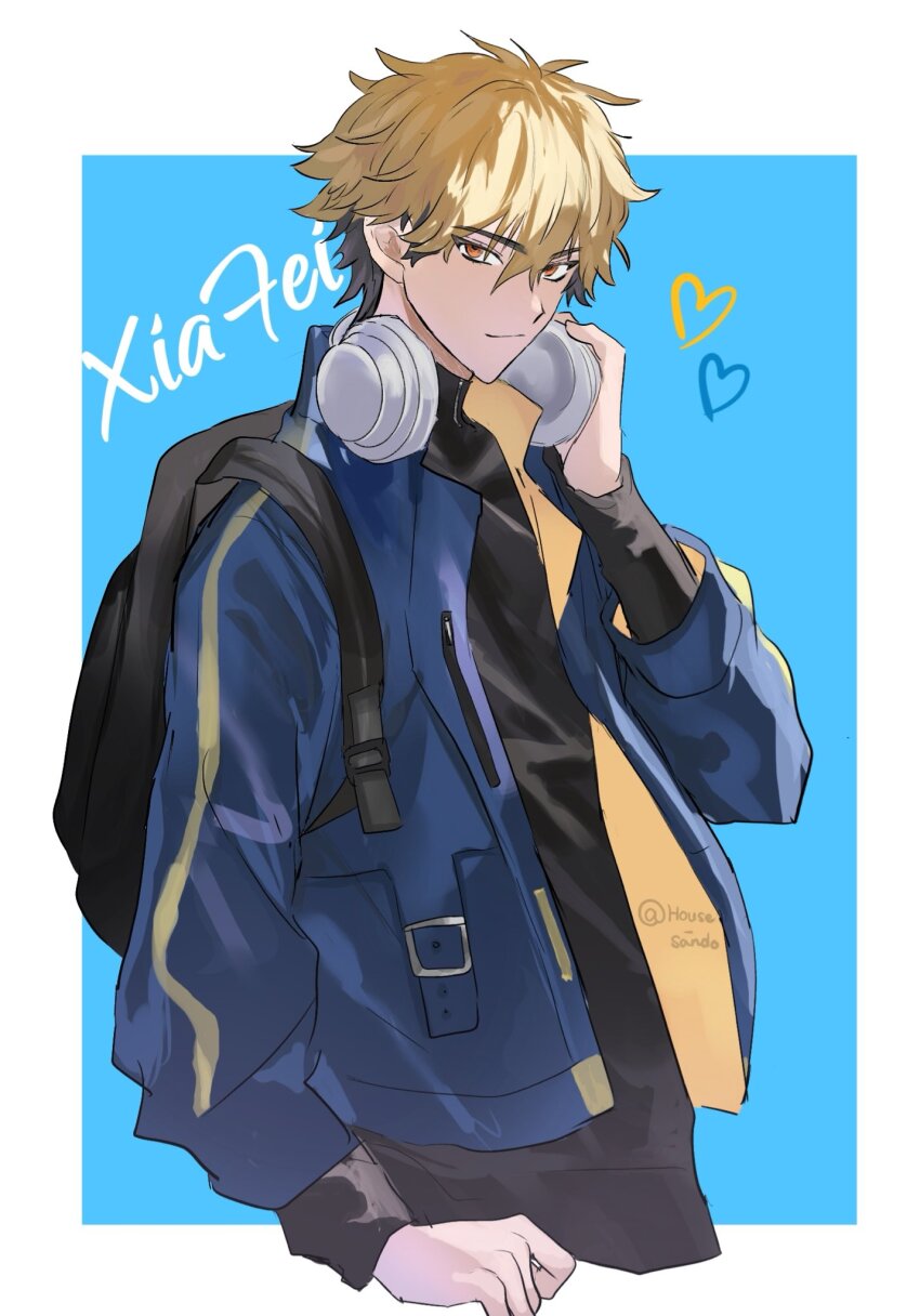 1boy backpack bag black_bag black_hair black_shirt blonde_hair blue_background blue_jacket border character_name closed_mouth hair_between_eyes hand_up headphones headphones_around_neck heart highres holding holding_headphones house_sando jacket long_sleeves looking_at_viewer male_focus multicolored_hair open_clothes open_jacket orange_eyes outside_border pants shiguang_dailiren shirt short_hair simple_background sleeves_past_wrists smile solo turtleneck twitter_username upper_body white_border xia_fei