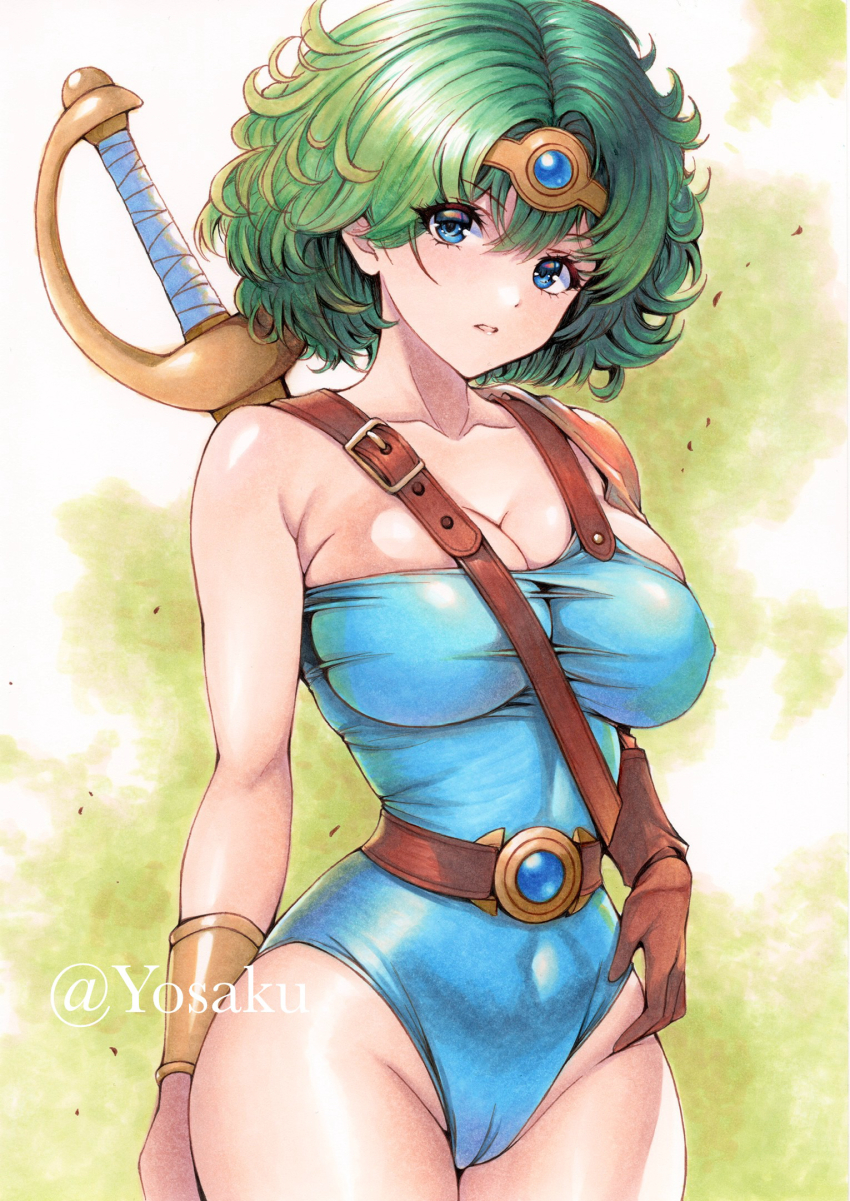 1girl artist_name belt blue_eyes blue_gemstone breasts brown_belt brown_gloves buckle circlet cleavage collarbone commentary_request covered_erect_nipples covered_navel cowboy_shot curly_hair dragon_quest dragon_quest_iv gem gloves gold_circlet gradient_background green_background green_hair head_tilt heroine_(dq4) highres large_breasts leotard looking_to_the_side looking_up narrow_waist orange_sleeves parted_hair parted_lips single_bracer single_glove single_sleeve solo strapless strapless_leotard sword sword_on_back traditional_media weapon weapon_on_back white_background yosaku_vs_hina