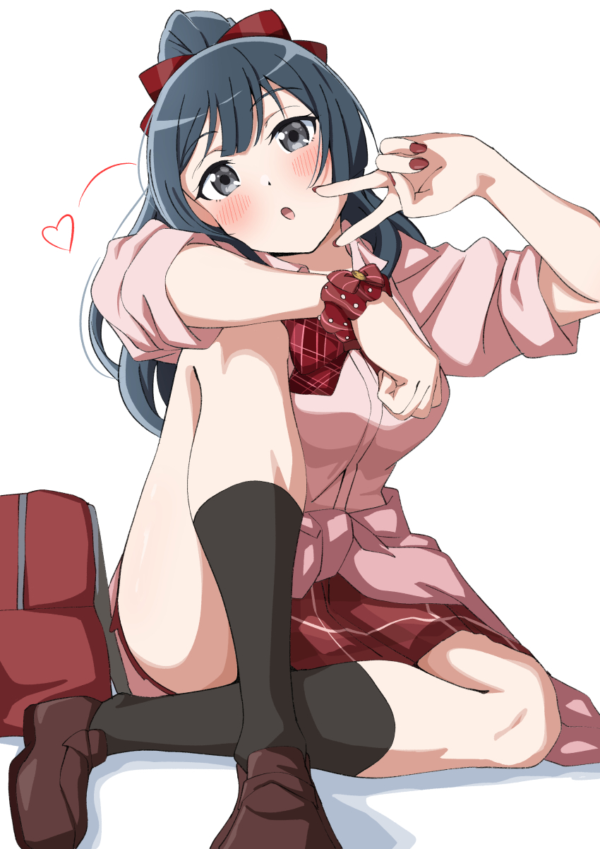 1girl :o absurdres bag black_hair black_socks blush bow bowtie breasts brown_shoes cleavage commentary grey_eyes gyaru gyarugasaki hair_bow heart highres kogal loafers long_hair looking_at_viewer love_live! love_live!_nijigasaki_high_school_idol_club medium_breasts miniskirt nail_polish official_alternate_costume official_alternate_hairstyle pink_shirt plaid_bow plaid_bowtie plaid_clothes plaid_scrunchie plaid_skirt pleated_skirt red_bag red_bow red_bowtie red_nails red_scrunchie red_skirt school_bag scrunchie shirt shoes sitting skirt sleeves_rolled_up socks solo three-quarter_sleeves uchuu_no_mozuku v white_background wrist_scrunchie yuki_setsuna