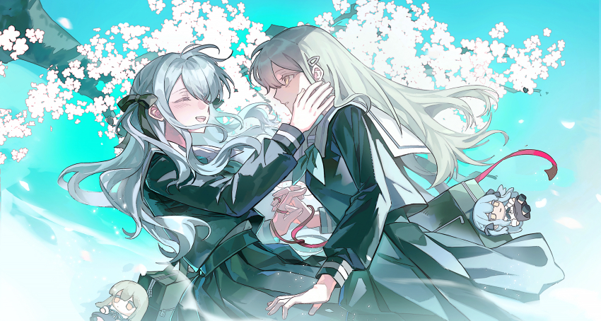 2girls :d aqua_neckerchief bag bang_dream! bang_dream!_it&#039;s_mygo!!!!! blue_hair blue_sky blush character_doll cherry_blossoms cherry_tree chinese_commentary closed_eyes cowboy_shot day face-to-face facing_another falling_petals floating_clothes floating_hair from_side green_hair green_ribbon green_serafuku hair_between_eyes hair_ornament hair_ribbon hairclip hand_on_another&#039;s_cheek hand_on_another&#039;s_face hand_up highres holding_hands leaning leaning_back long_hair long_sidelocks long_sleeves looking_at_another multiple_girls neckerchief open_mouth outdoors parted_lips petals pleated_skirt red_ribbon ribbon sailor_collar school_bag school_uniform serafuku sidelocks skirt sky smile string string_of_fate teeth togawa_sakiko tokinhr tsukinomori_school_uniform two_side_up upper_teeth_only wakaba_mutsumi white_sailor_collar winter_uniform yellow_eyes yuri