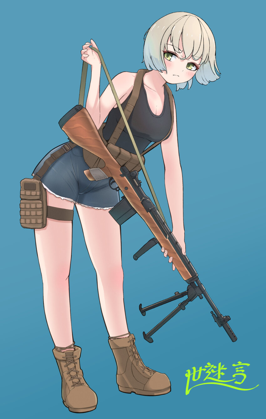 1girl absurdres ammunition_pouch battle_rifle bent_over bipod black_shirt blonde_hair blue_background blush boots breasts brown_boots cleavage closed_mouth collarbone combat_boots commentary denim denim_shorts english_commentary fingernails foregrip full_body gun gun_sling highres holding holding_gun holding_weapon lace-up_boots light_frown load_bearing_equipment m14 magazine_(weapon) medium_breasts okapi_(yomaigoto) original pouch rifle shirt short_hair shorts signature simple_background solo standing tank_top thigh_pouch thigh_strap thighs vertical_foregrip weapon yellow_eyes