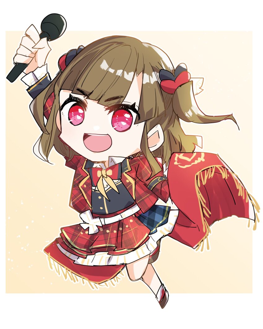 1girl :d black_vest border brown_hair chibi chibi_only collared_shirt commentary dress_shirt full_body highres holding holding_microphone jacket kachimachi_kosuzu kanduki_kamibukuro leg_up link!_like!_love_live! long_hair long_sleeves looking_at_viewer love_live! microphone miniskirt official_alternate_costume open_clothes open_jacket open_mouth outside_border pink_eyes plaid_clothes plaid_jacket plaid_skirt red_skirt shirt skirt smile solo taiyou_de_are! two_side_up v-shaped_eyebrows vest virtual_youtuber white_border white_shirt yellow_background