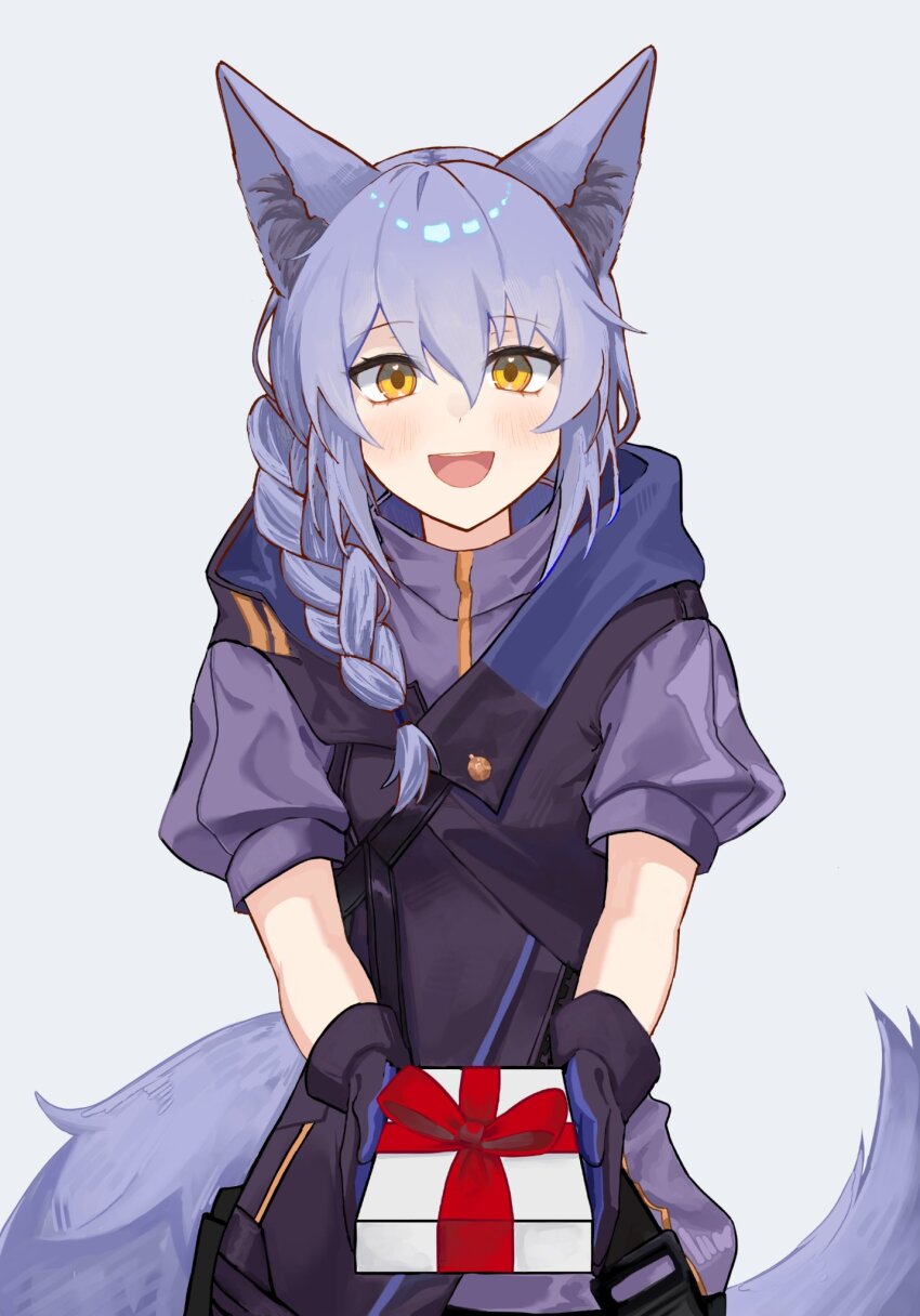 1girl animal_ears arknights black_gloves blush braid commentary commission english_commentary gift gloves grey_background hair_between_eyes happy highres holding holding_gift incoming_gift jacket looking_at_viewer medium_hair open_mouth provence_(arknights) puffy_short_sleeves puffy_sleeves purple_hair purple_jacket purple_tail rep120105 short_sleeves simple_background smile solo tail yellow_eyes