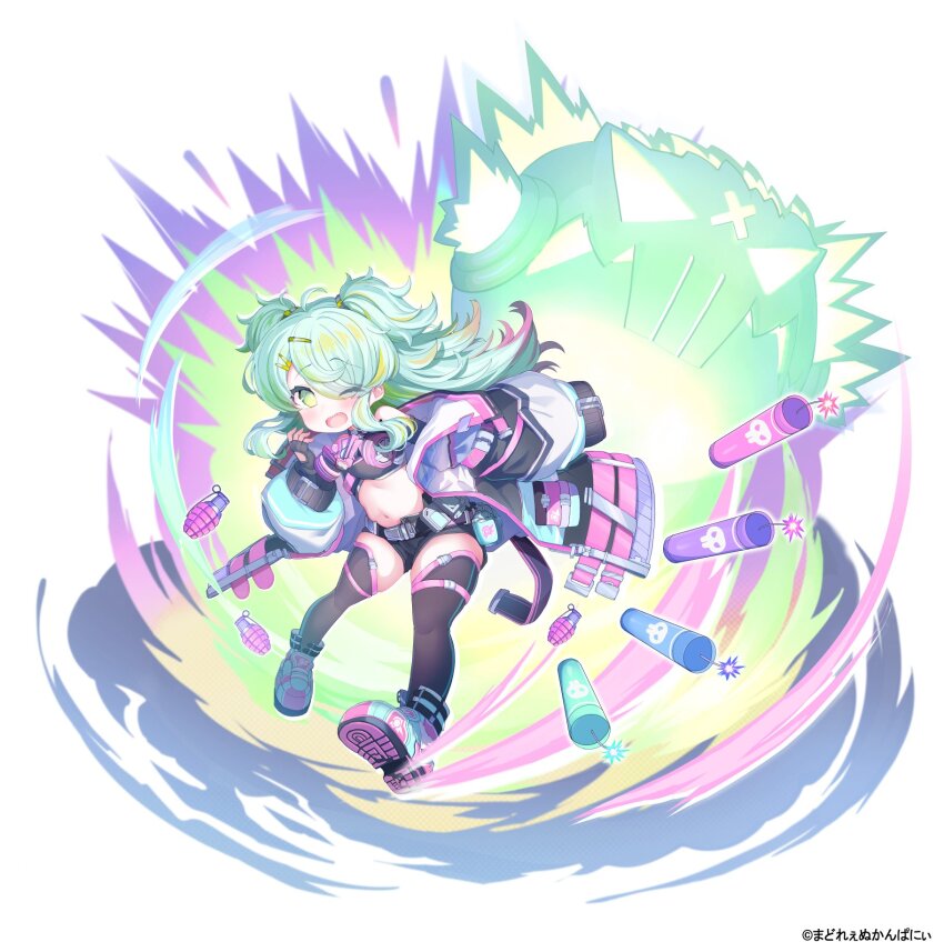 1girl ahoge belt black_belt black_choker black_gloves black_shirt black_shorts black_sleeves black_thighhighs blonde_hair blue_jacket blue_shoes bomb bright_pupils character_request choker commentary_request copyright_notice crop_top detached_sleeves explosive eyes_visible_through_hair fingerless_gloves flat_chest full_body gloves green_eyes green_hair hair_ornament hair_over_one_eye hairclip hand_up highres jacket lily_ange long_hair long_sleeves mask micro_shorts midriff multicolored_hair multicolored_jacket navel official_art one_eye_closed open_clothes open_jacket open_mouth orange_hair pink_hair pink_jacket respirator sharp_teeth shirt shoes shorts sidelocks single_sleeve_past_fingers skindentation sneakers solo swept_bangs teeth thighhighs two_side_up white_background white_jacket white_pupils yinpa_(wanone500511)