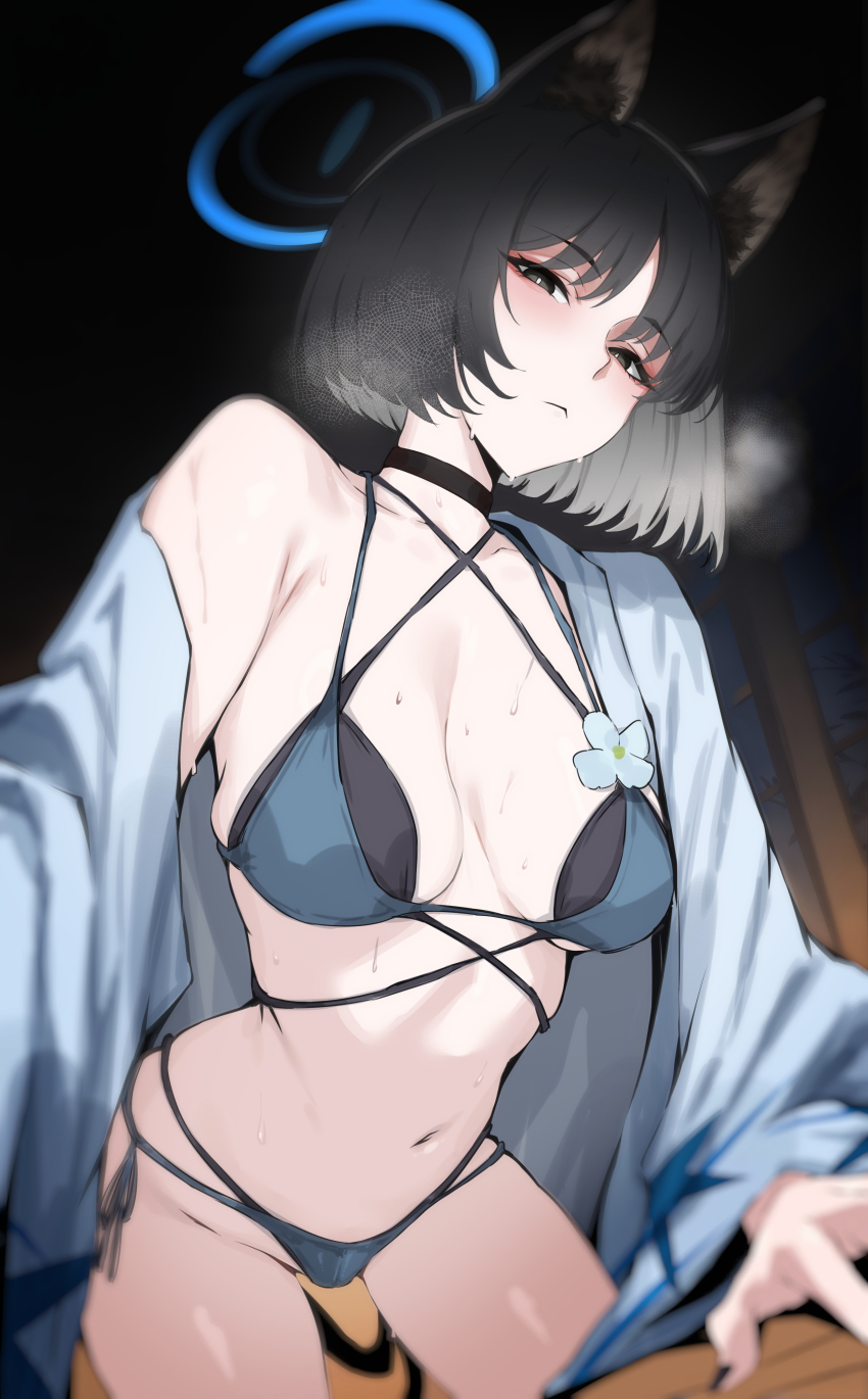 1girl absurdres bikini black_bikini black_eyes black_hair blue_archive blue_bikini blush breasts bright_pupils ei_(eiei_e1) highres kikyou_(blue_archive) kikyou_(swimsuit)_(blue_archive) layered_bikini looking_at_viewer medium_breasts navel official_alternate_costume short_hair solo stomach swimsuit tagme white_pupils