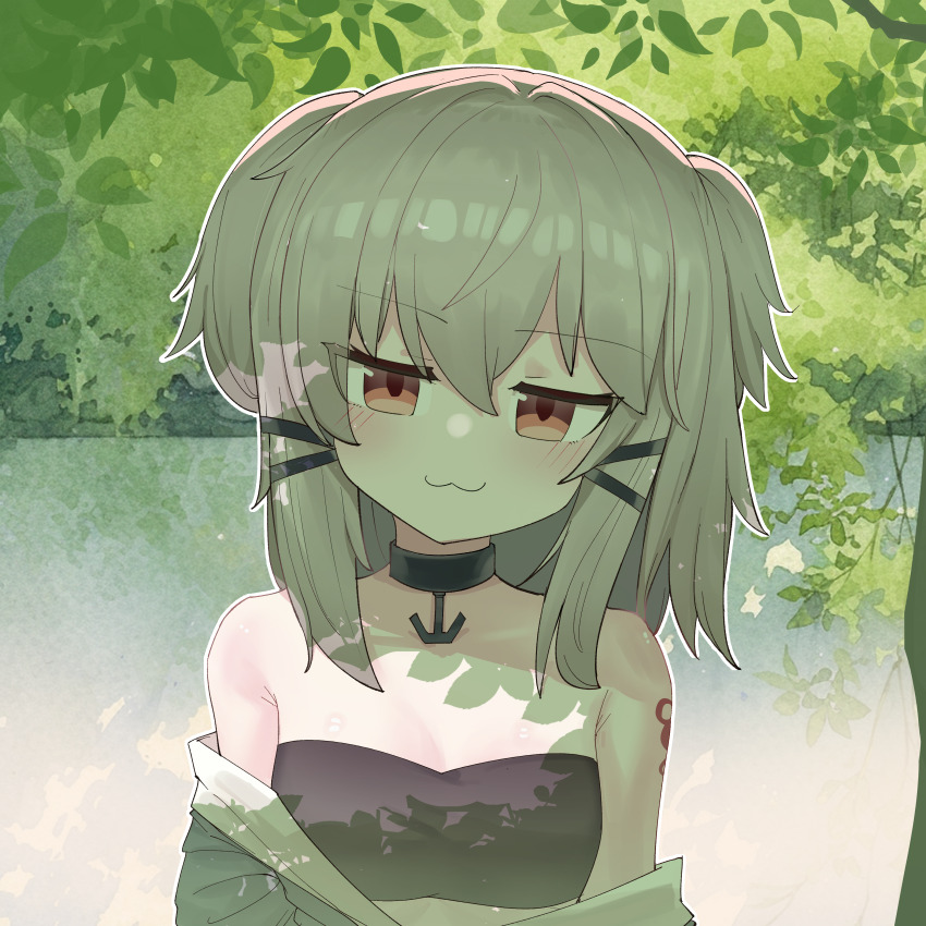 1girl absurdres child coat exhex_(hexieshizhe) green_background grey_hair half-closed_eye highres murasame_(warship_girls_r) overcoat red_eyes short_twintails shoulder_tattoo solo summer tattoo twintails warship_girls_r