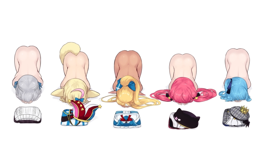 5girls animal_ears ass blonde_hair blue_bow blue_hair bow braid cait_aron unworn_clothes completely_nude crown_braid dark-skinned_female dark_skin dogeza duplicate female_focus folded_clothes fox_ears fox_girl fox_tail full_body grey_hair hair_bow hair_ribbon hat unworn_hat unworn_headwear highres hololive hoshimachi_suisei hoshimachi_suisei_(1st_costume) long_hair low_twintails multiple_girls naked_dogeza nude omaru_polka omaru_polka_(1st_costume) pink_hair pointy_ears ponytail ribbon sakura_miko sakura_miko_(casual) shiranui_flare shiranui_kensetsu shirogane_noel shirogane_noel_(casual) side_ponytail simple_background tail top-down_bottom-up twintails virtual_youtuber white_background