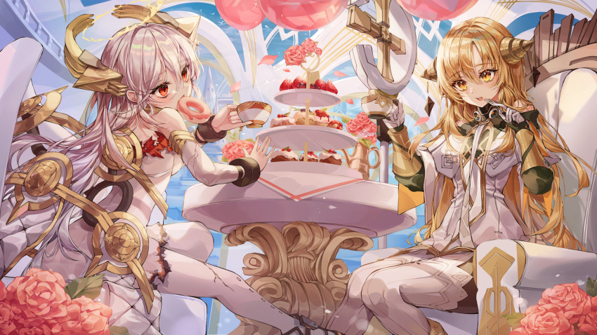 2girls alchemy_stars balloon bare_shoulders bird blonde_hair cup donut fire flower food food_in_mouth fork fruit gloves hair_between_eyes halo highres irridon_(alchemy_stars) long_hair lujang_(fudge) multiple_girls official_art open_mouth pastry pinky_out red_eyes sitting sky staff strawberry table teacup thighhighs uriel_(alchemy_stars) vambraces white_gloves white_hair white_legwear yellow_eyes