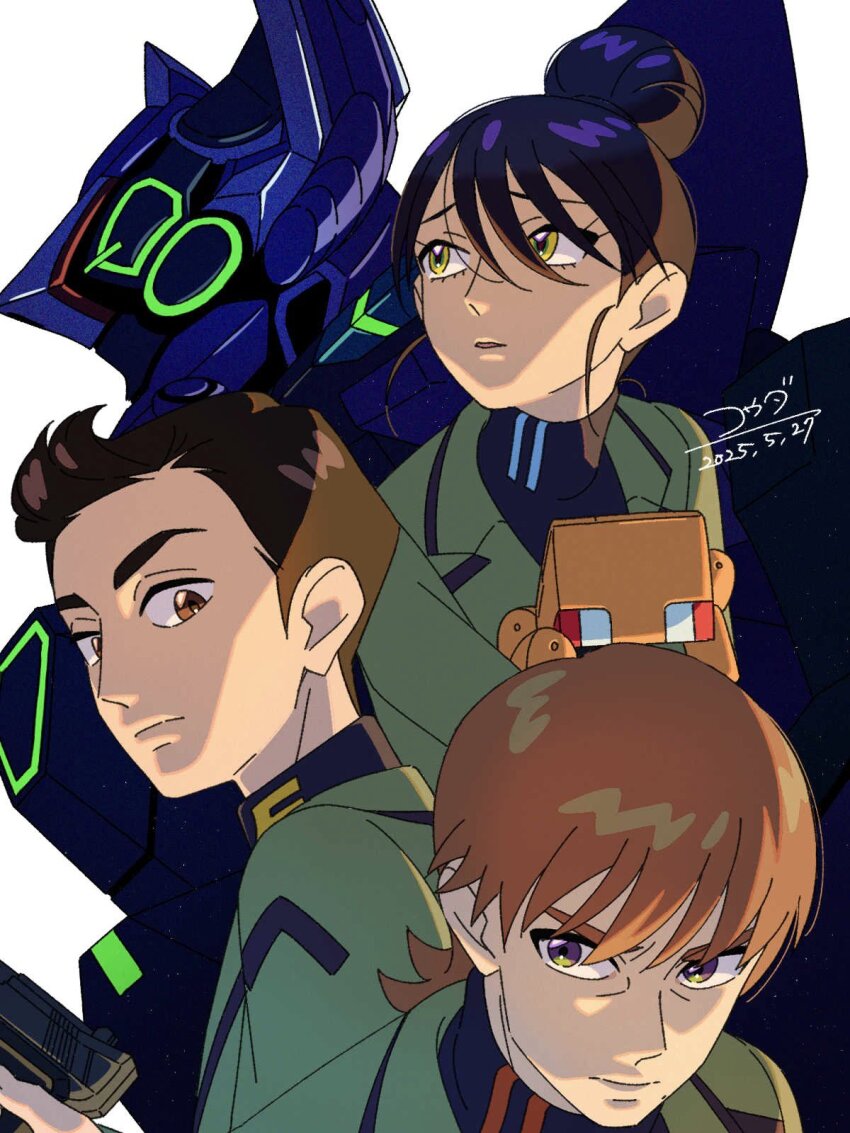 1girl 2boys black_hair brown_eyes brown_hair conch dated gfred gun gundam gundam_gquuuuuux hair_bun handgun highres kouda_mana mecha miguel_serverto military_uniform multiple_boys nyaan_(gundam_gquuuuuux) parted_lips robot signature simple_background turtleneck upper_body weapon white_background xavier_olivette yellow_eyes