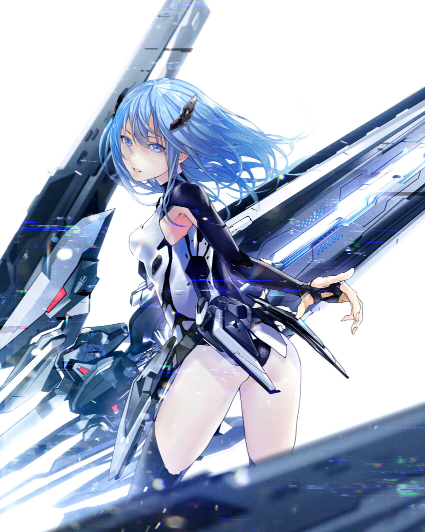 1girl android armpit_cutout beatless blue_eyes blue_hair blurry blurry_foreground bodysuit clothing_cutout cropped_legs device from_behind hair_ornament highres leaning_forward leicia long_hair looking_back mecha_musume official_art outstretched_arm over-kneehighs parted_lips redjuice simple_background standing thighhighs thighs thumb_hole_sleeves turtleneck turtleneck_bodysuit white_background