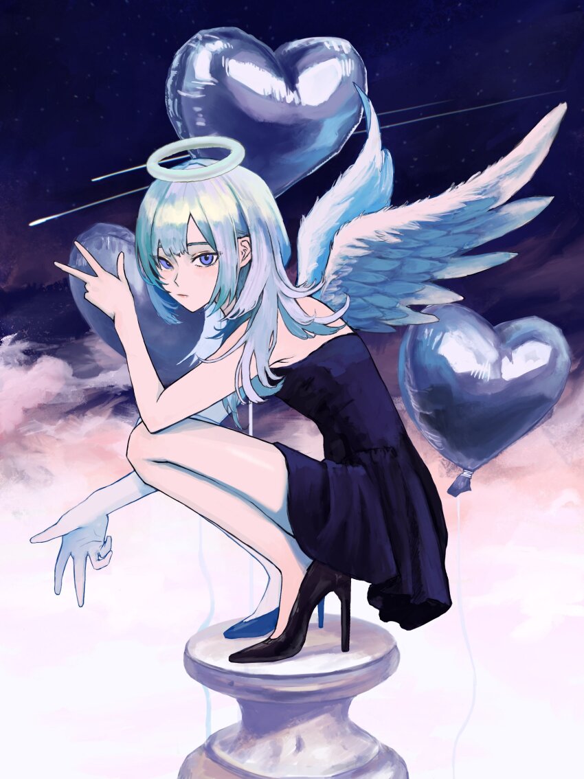 1girl absurdres angel aqua_hair aqua_halo armpit_crease balloon bare_shoulders black_shoes blue_dress blue_eyes blue_wings breasts closed_mouth cloud cloudy_sky commentary_request dress feathered_wings from_side full_body halo heart_balloon high_heels highres long_hair looking_at_viewer lui_n24 original shoes shooting_star sidelocks sky small_breasts solo squatting star_(sky) starry_sky strapless strapless_dress v wings