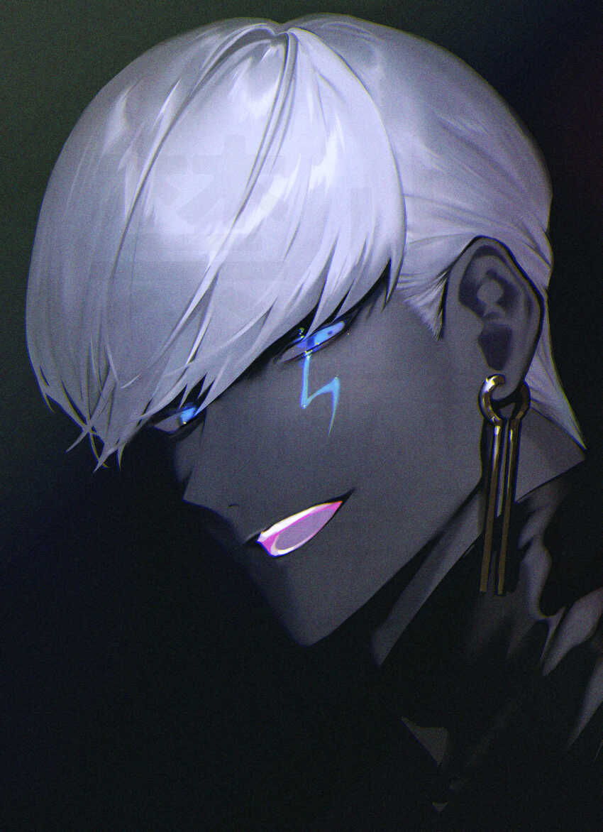 1boy absurdres albino_(a1b1n0623) blue_eyes colored_sclera colored_skin dark-skinned_male dark_skin earrings fate/grand_order fate_(series) glowing_teeth glowing_tongue grey_sclera grey_skin highres indra_(fate) jewelry lightning_bolt_facial_mark lightning_bolt_symbol looking_at_viewer male_focus portrait short_hair solo white_hair