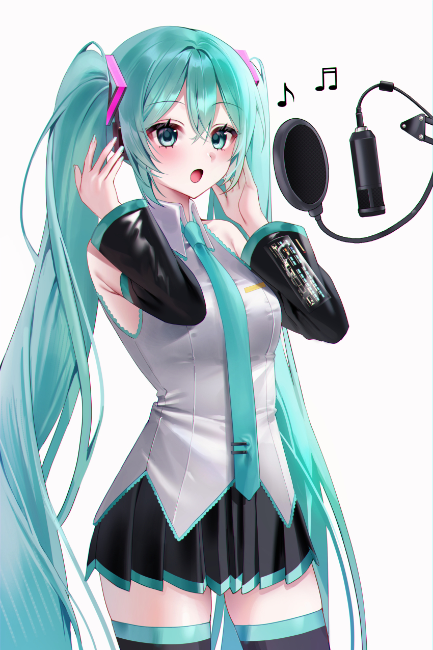 1girl absurdres aqua_eyes aqua_hair aqua_nails aqua_necktie aqua_trim bare_shoulders beamed_eighth_notes black_skirt black_sleeves black_thighhighs blush breasts collarbone collared_shirt commentary_request detached_sleeves eighth_note emduck grey_shirt hair_between_eyes hands_up hatsune_miku headphones highres long_hair looking_ahead medium_breasts microphone miniskirt music musical_note necktie open_mouth pleated_skirt pop_filter shirt simple_background singing skirt sleeveless sleeveless_shirt solo standing studio_microphone thighhighs tie_clip twintails very_long_hair vocaloid white_background wide_sleeves zettai_ryouiki