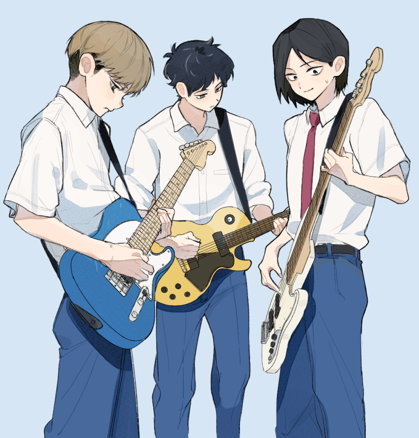 3boys bass_guitar belt black_belt black_eyes black_hair blue_background blue_pants bowl_cut breast_pocket brown_hair closed_mouth collared_shirt commentary_request dress_shirt electric_guitar feet_out_of_frame fender_jazz_bass fender_telecaster futsuu_no_keion-bu gibson_les_paul guitar guitar_strap holding holding_plectrum instrument kuma_vs_inu light_smile male_focus mizuo_haruichi multicolored_hair multiple_boys music necktie pants parted_bangs playing_bass_guitar playing_guitar playing_instrument plectrum pocket red_necktie shirt shirt_tucked_in short_hair short_sleeves simple_background standing taguchi_ryuuya takami_kouki two-tone_hair white_shirt wing_collar