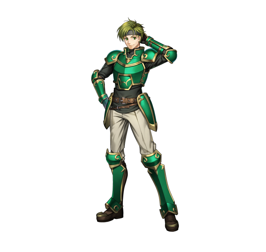 1boy absurdres arm_behind_head arm_up armor boots closed_mouth commentary_request elbow_pads fire_emblem fire_emblem:_the_blazing_blade fire_emblem_heroes full_body gauntlets gold_trim green_armor green_eyes green_hair hand_on_own_hip headband highres knee_boots long_sleeves looking_at_viewer maco_(wondermind) male_focus nintendo official_art pants sain_(fire_emblem) short_hair shoulder_armor simple_background smile standing turtleneck white_background