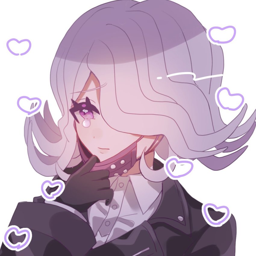 1girl ameko53133 black_gloves black_jacket collared_shirt danganronpa_(series) danganronpa_3_(anime) dress_shirt gloves grey_background grey_hair hair_over_one_eye hand_up jacket kimura_seiko mask mask_pull medium_hair mouth_mask pink_eyes shirt simple_background solo