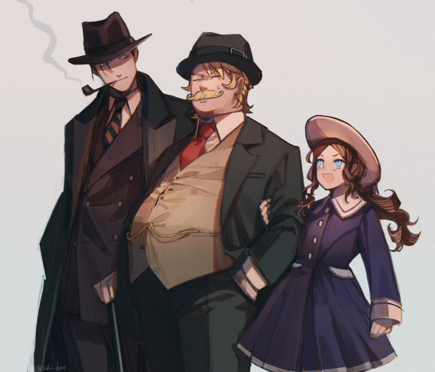 1girl 2boys absurdres alternate_costume black_hair blonde_hair blue_dress blue_eyes closed_eyes closed_mouth collared_shirt commentary_request detective dress facial_hair fate/grand_order fate_(series) fedora feet_out_of_frame formal_clothes gloves goredolf_musik green_eyes grey_background hat highres ichi_bee jacket leonardo_da_vinci_(fate) leonardo_da_vinci_(fate/grand_order) leonardo_da_vinci_(rider)_(fate) long_hair long_sleeves looking_at_another multiple_boys mustache necktie open_mouth red_necktie sherlock_holmes_(fate) shirt short_hair simple_background smile smoke smoking smoking_pipe striped_necktie suit undefined white_hair