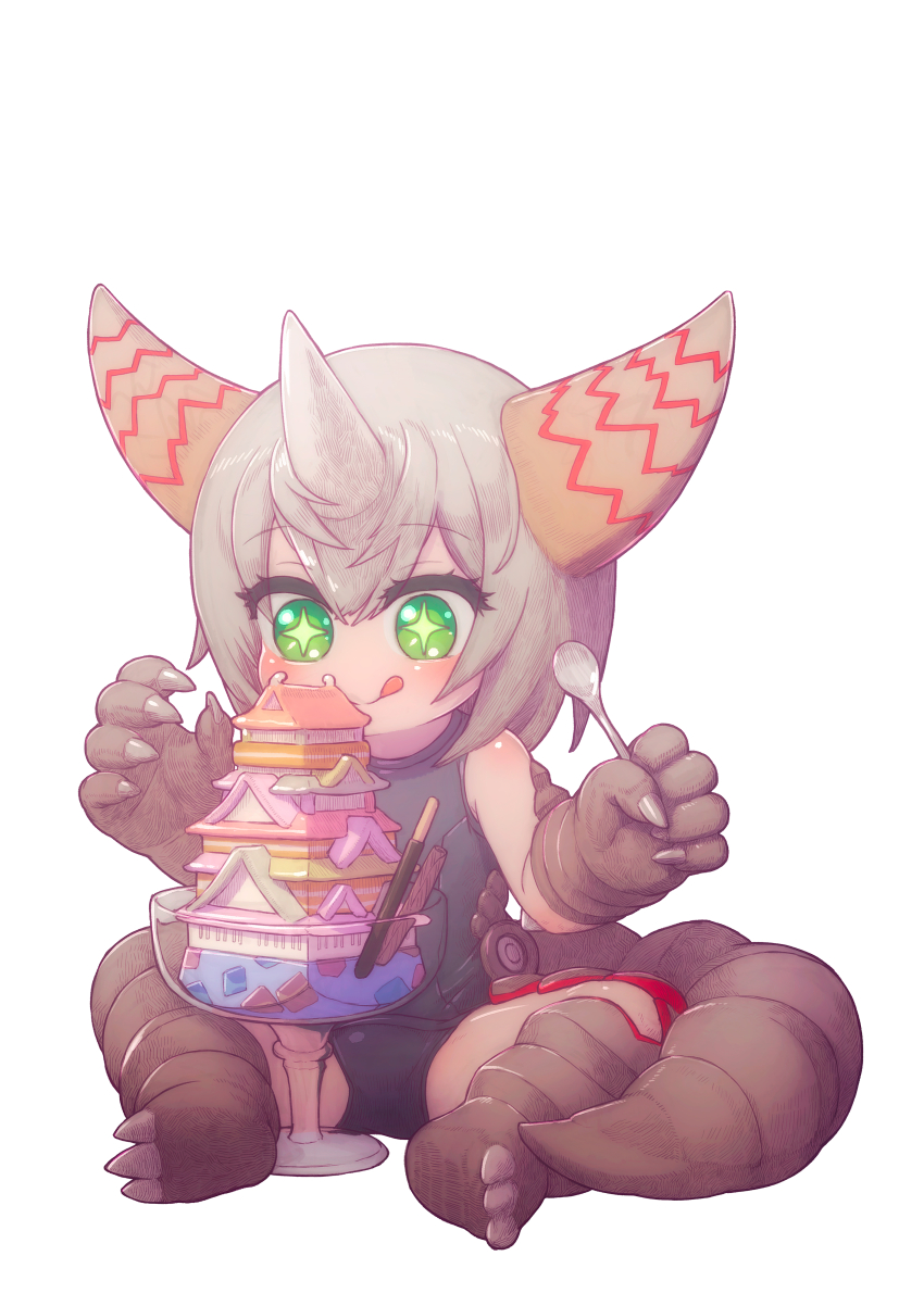1girl absurdres cake claws commission feral_lemma food gomora green_eyes grey_hair highres horns ice_cream japanese_castle licking_lips old_school_swimsuit pixiv_commission pocky school_swimsuit shiny_skin sitting solo sparkling_eyes spoon swimsuit tail tongue tongue_out ultra_kaijuu_gijinka_keikaku ultra_series ultraman_(1st_series)