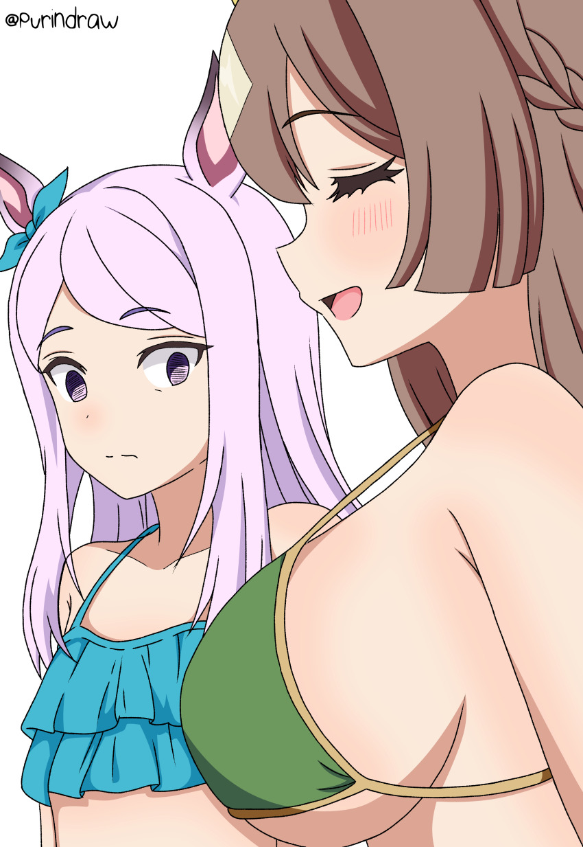 2girls absurdres bikini blue_bikini bow braid breast_envy breasts closed_eyes ear_bow ear_ornament empty_eyes flat_chest from_side girl_staring_at_guy&#039;s_chest_(meme) green_bikini highres large_breasts looking_at_breasts mejiro_mcqueen_(umamusume) meme multiple_girls open_mouth purin_draw purple_eyes satono_diamond_(umamusume) simple_background smile swimsuit umamusume
