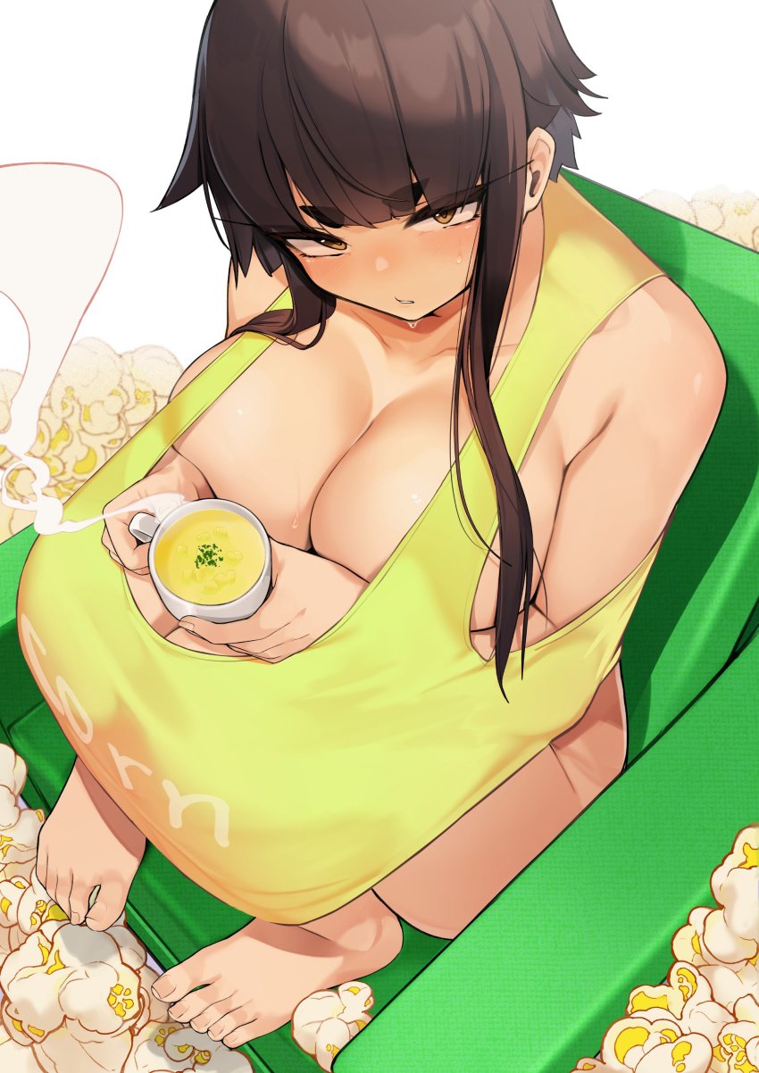 1girl absurdres barefoot blunt_bangs breasts brown_eyes brown_hair cleavage collarbone commentary_request cup highres holding holding_cup jovejun large_breasts long_hair looking_at_viewer naked_shirt original shirt simple_background sitting sleeveless solo steam tea thick_eyebrows toes tsubomioka_happa white_background yellow_shirt