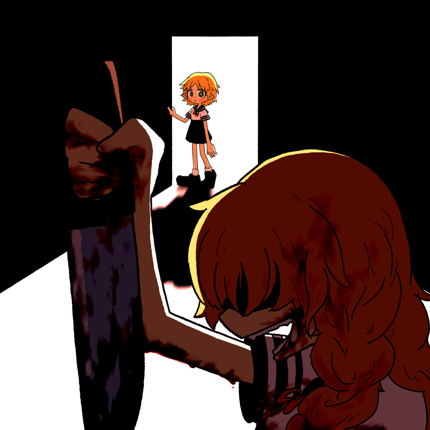 2girls absurdres alternate_costume black_footwear black_sailor_collar black_skirt blonde_hair blood blood_on_face bloody_knife blush bright_pupils commentary_request cookie_(touhou) doorway green_eyes highres holding holding_knife implied_murder joker_(cookie) kirisame_marisa knife long_hair looking_at_another mizuhashi_parsee muimui_(4242564muimui) multiple_girls neck_ribbon open_mouth profile red_ribbon ribbon sailor_collar school_uniform serafuku shaded_face shirt shoes short_hair short_sleeves skirt smile socks standing suzu_(cookie) touhou white_pupils white_shirt white_socks