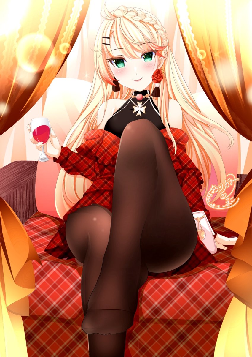 1girl azur_lane black_hair blonde_hair blush braid checkered_clothes checkered_dress coach cup dress drinking_glass earrings feet flower_earrings green_eyes hair_ornament highres howe_(azur_lane) howe_(noble_rouge)_(azur_lane) jewelry long_hair looking_at_viewer necklace no_shoes official_alternate_costume origami_aya pantyhose solo wine_glass