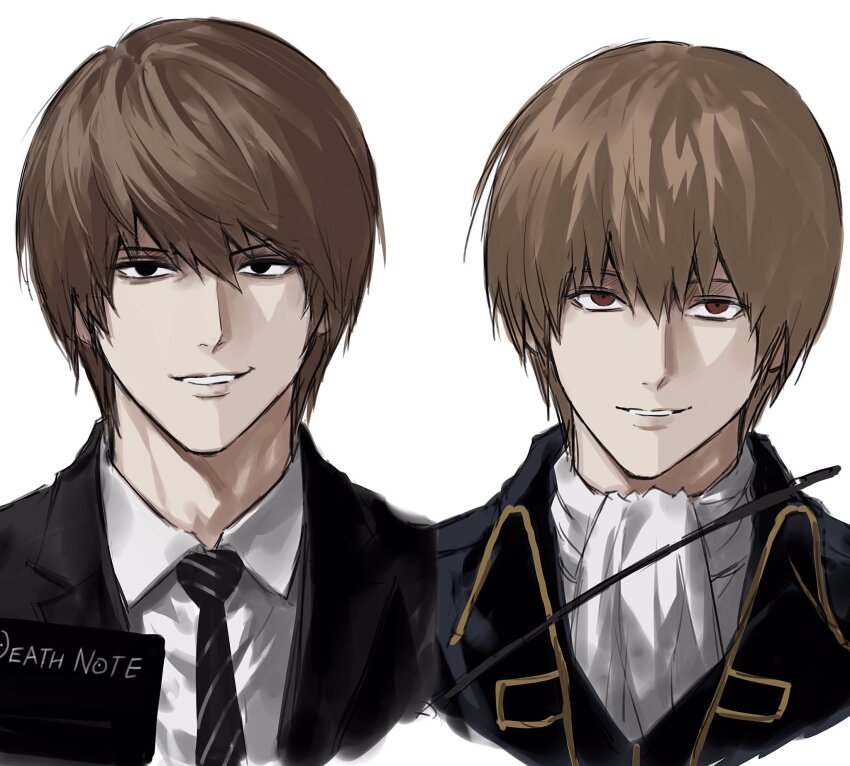2boys ascot black_eyes black_jacket black_necktie brown_eyes brown_hair collared_shirt death_note death_note_(object) gintama hair_between_eyes highres jacket looking_at_viewer male_focus multiple_boys necktie okita_sougo shirt short_hair sso_s white_ascot white_shirt yagami_light
