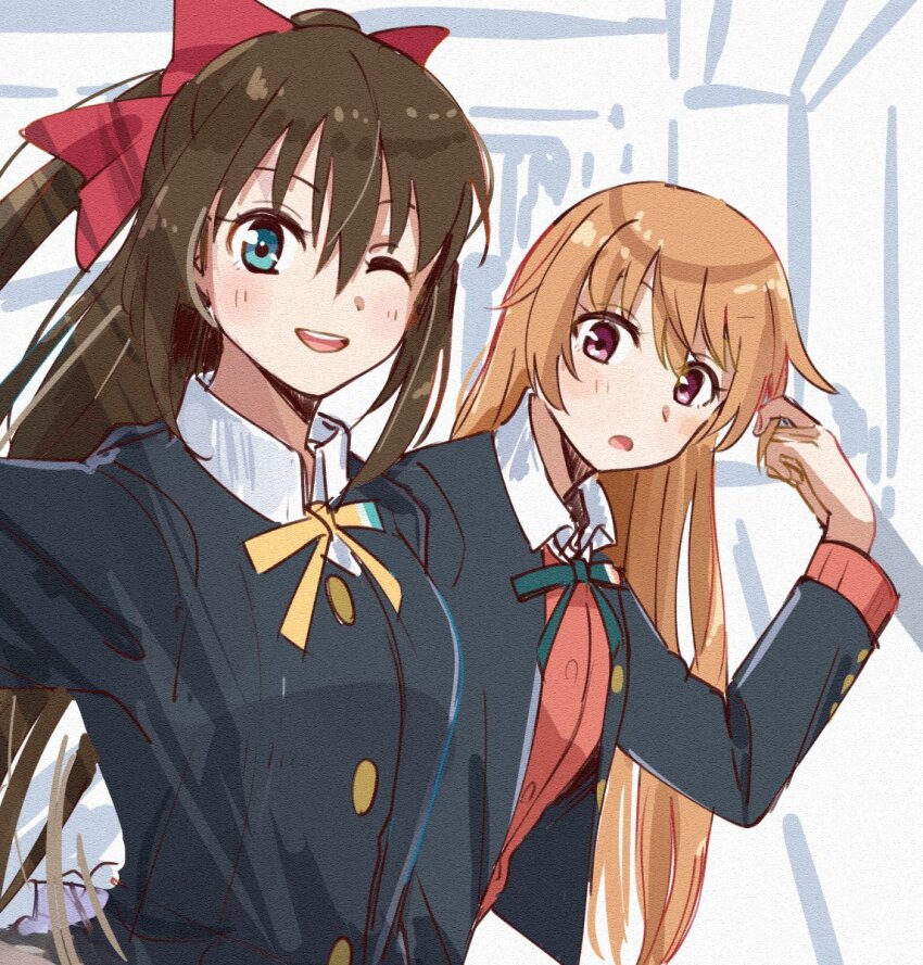 2girls ;d black_jacket blue_eyes bow breasts brown_hair cardigan collared_shirt commentary dress_shirt green_ribbon hair_between_eyes hair_bow half_updo highres jacket konoe_kanata long_hair long_sleeves looking_at_viewer love_live! love_live!_nijigasaki_high_school_idol_club medium_breasts multiple_girls neck_ribbon one_eye_closed open_clothes open_jacket open_mouth orange_cardigan osaka_shizuku ponytail purple_eyes red_bow ribbon shirt sketch_background skt_(ryxxxxx) smile symbol-only_commentary upper_body very_long_hair white_shirt yellow_ribbon