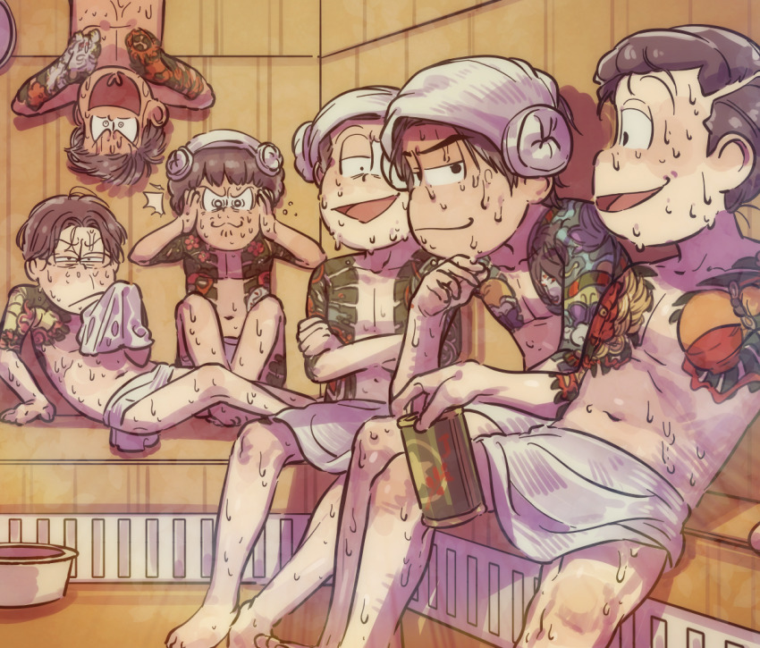 6+boys ^^^ alternate_hairstyle beer_can can covering_own_ears drink_can full-body_blush irezumi knees_up looking_at_another lying male_focus matsuno_choromatsu matsuno_ichimatsu matsuno_jyushimatsu matsuno_karamatsu matsuno_osomatsu matsuno_todomatsu multiple_boys naked_towel navel ningenis_kuso on_side osomatsu-san osomatsu-san:_hesokuri_wars osomatsu_(series) pectorals sauna sauna_bucket sweat tattoo thick_eyebrows towel towel_around_waist towel_on_head upside-down very_sweaty