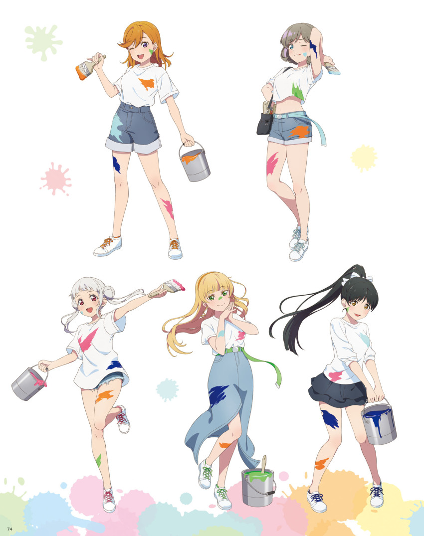5girls arashi_chisato artbook belt black_hair blonde_hair blue_eyes blue_shorts bucket denim denim_shorts double_bun full_body green_eyes grey_hair hair_between_eyes hair_bun hairband hazuki_ren heanna_sumire highres holding long_hair looking_at_viewer love_live! love_live!_superstar!! multiple_girls non-web_source official_art one_eye_closed open_mouth orange_hair paint paint_on_body paint_on_clothes paint_splatter paint_splatter_on_face ponytail purple_eyes red_eyes shibuya_kanon shirt shoes short_hair shorts skirt smile sneakers standing tang_keke white_background white_hair white_shirt yellow_eyes