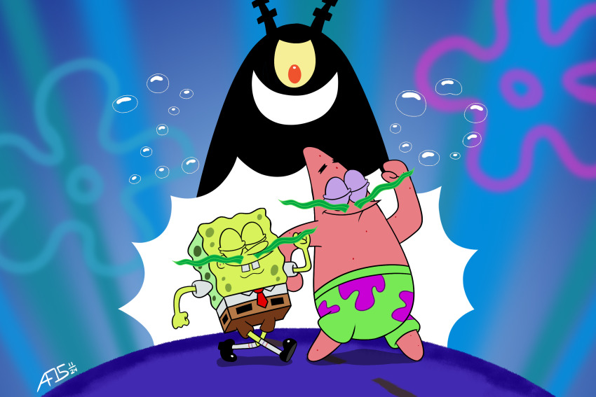 3boys animationfan15 bubble closed_eyes colored_sclera commentary english_commentary highres multiple_boys nickelodeon one-eyed patrick_star plankton plankton_(spongebob) red_eyes seaweed sponge spongebob_squarepants spongebob_squarepants_(series) starfish the_spongebob_squarepants_movie toon_(style) yellow_sclera
