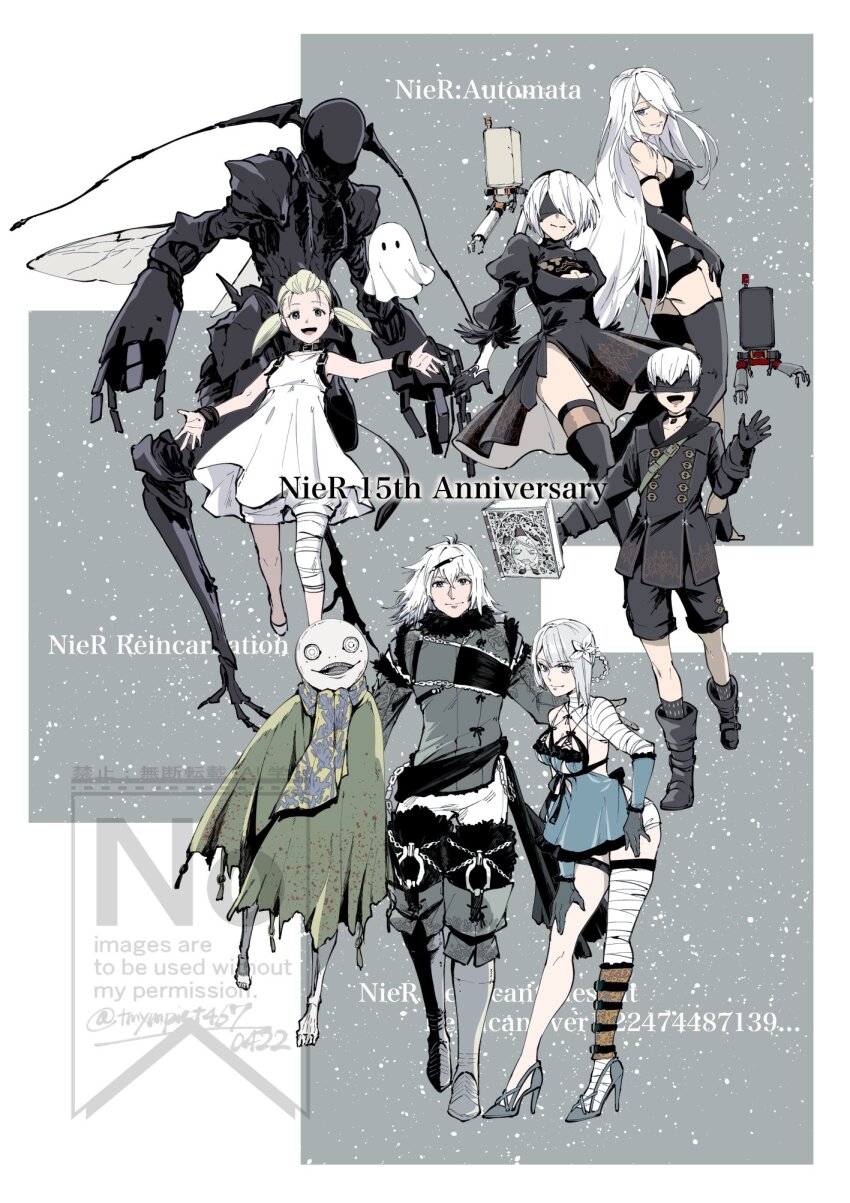 2b_(nier:automata) 4boys 4girls 4others 9s_(nier:automata) a2_(nier:automata) anniversary antennae bandaged_arm bandaged_leg bandages black_dress black_gloves blindfold blonde_hair breasts cleavage cloak copyright_name dress emil_(nier) fio_(nier) gloves high_heels highres insect_wings kaine_(nier) leaning_forward levania long_hair mama_(nier) mask multiple_boys multiple_girls multiple_others nier nier:automata nier_(brother) nier_(series) nier_reincarnation pod_(nier:automata) scarf smile thighhighs tmympict467 twintails very_long_hair wings