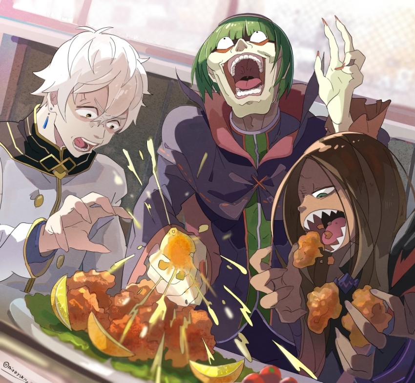 3boys angry booth_seating brown_hair bulging_eyes chicken_(food) crazy earrings food fried_chicken fruit green_eyes green_hair jewelry lemon lemon_juice lemon_slice lettuce long_hair lye_batenkaitos mira_yoshikawa multiple_boys open_mouth outstretched_arms petelgeuse_romaneeconti purple_robe re:zero_kara_hajimeru_isekai_seikatsu regulus_corneas robe sharp_teeth shirt squeezing_lemon sunken_cheeks table teeth white_hair white_shirt yellow_eyes